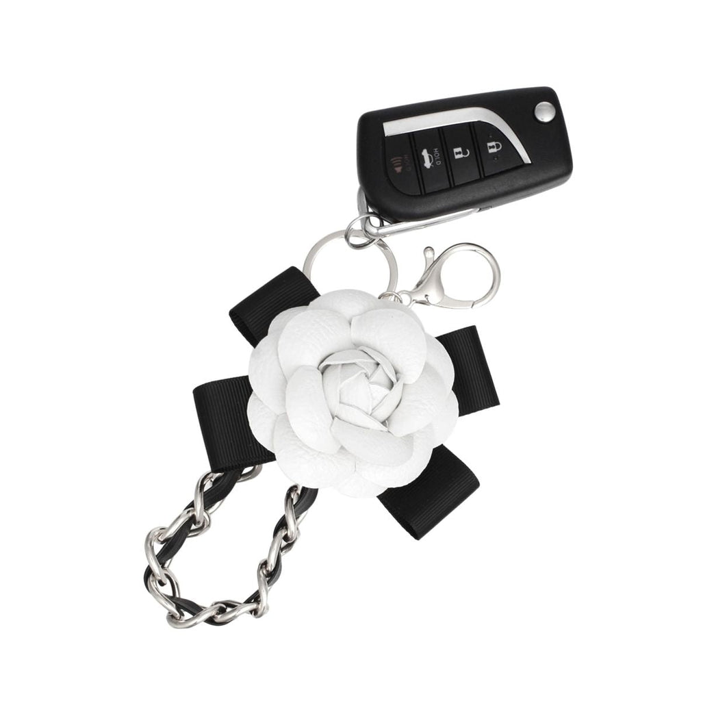 Fashion Keychain White Camellia Handbag Clip with Silver Chain Stylish Accessory
