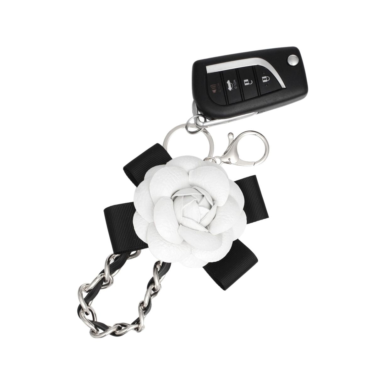 Fashion Keychain White Camellia Handbag Clip with Silver Chain Stylish Accessory