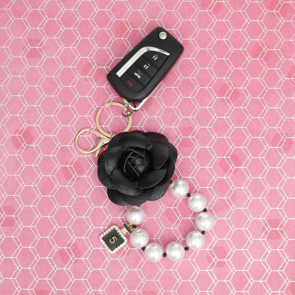 Pearl Wristlet Bag Clip Keychain with Black Camellia - Stylish Accessory