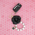 Pearl Wristlet Bag Clip Keychain with Black Camellia - Stylish Accessory