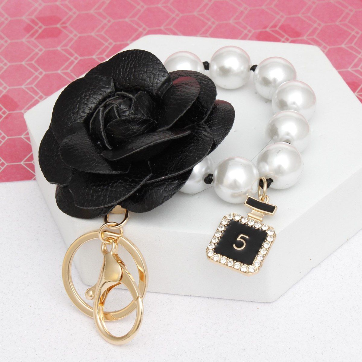Pearl Wristlet Bag Clip Keychain with Black Camellia - Stylish Accessory