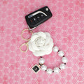 Pearl Wristlet Keychain with White Camellia Bag Clip – Stylish Accessory