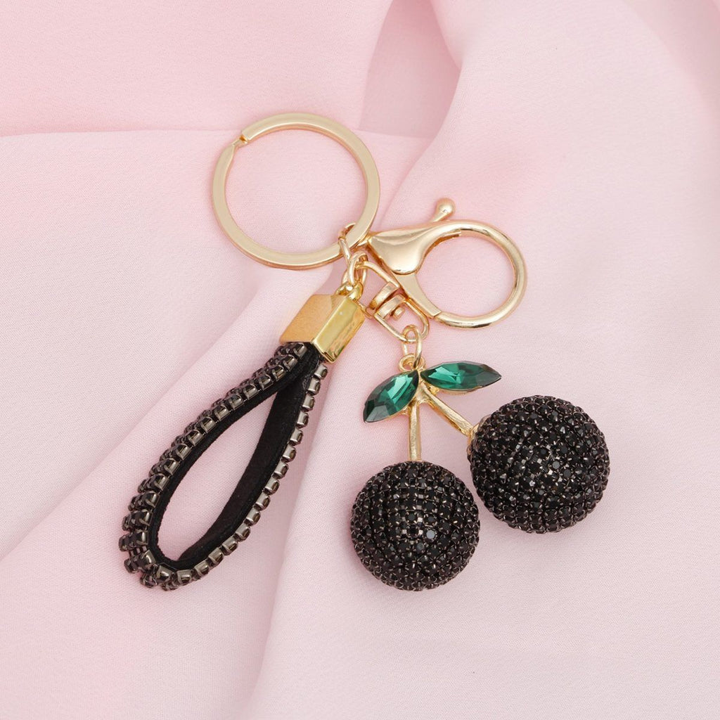 Black Rhinestone Crusted Cherry Keychain Bag Clip Stylish Accessory