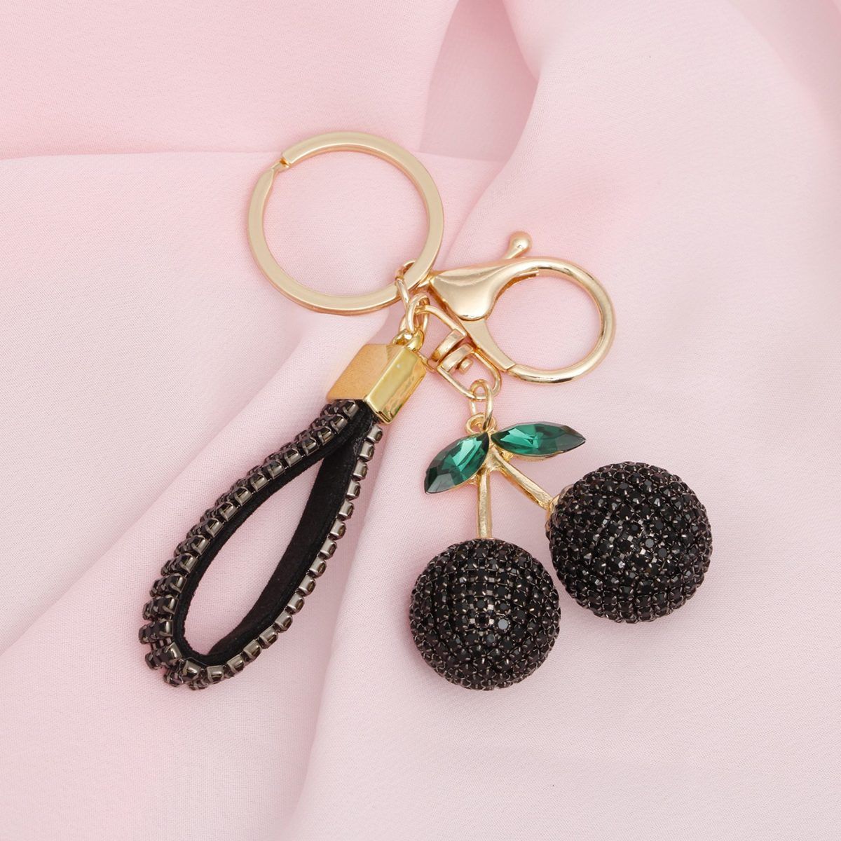 Black Rhinestone Crusted Cherry Keychain Bag Clip Stylish Accessory