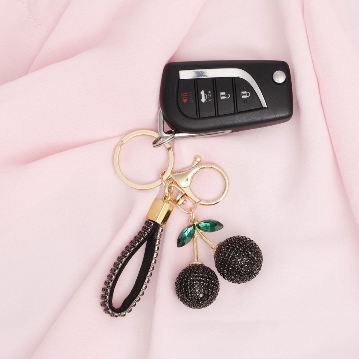 Black Rhinestone Crusted Cherry Keychain Bag Clip Stylish Accessory