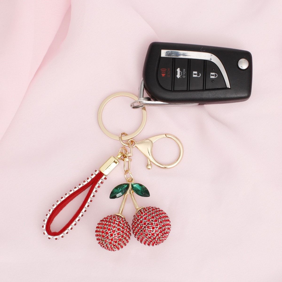 Rhinestone Crusted Red Cherry Keychain Bag Clip Stylish Accessory