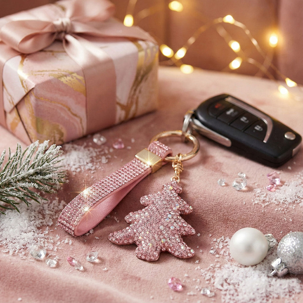 Fashion Keychain Pink Shimmery Xmas Tree Purse Charm Clip Stylish Accessory
