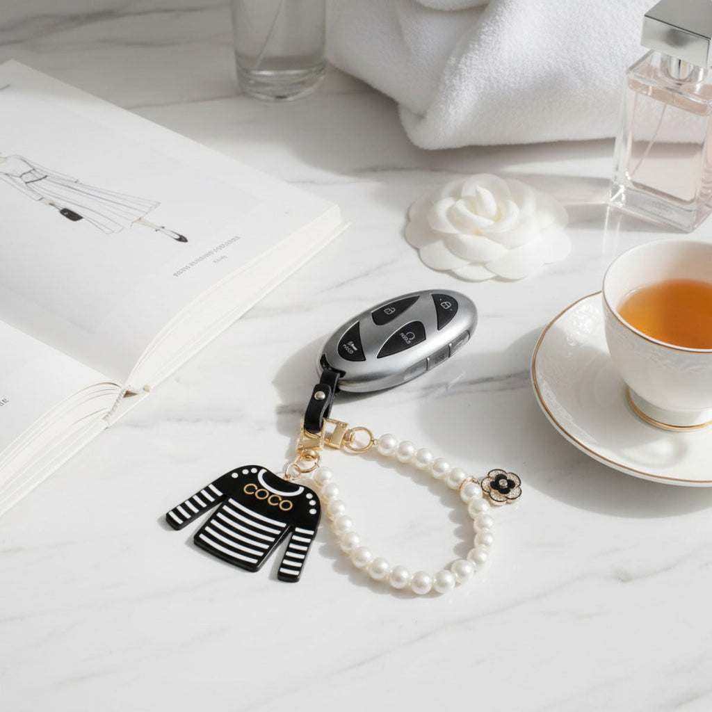 Fashion Keychain with Black and White Stripe, Pearl Clip Accessory