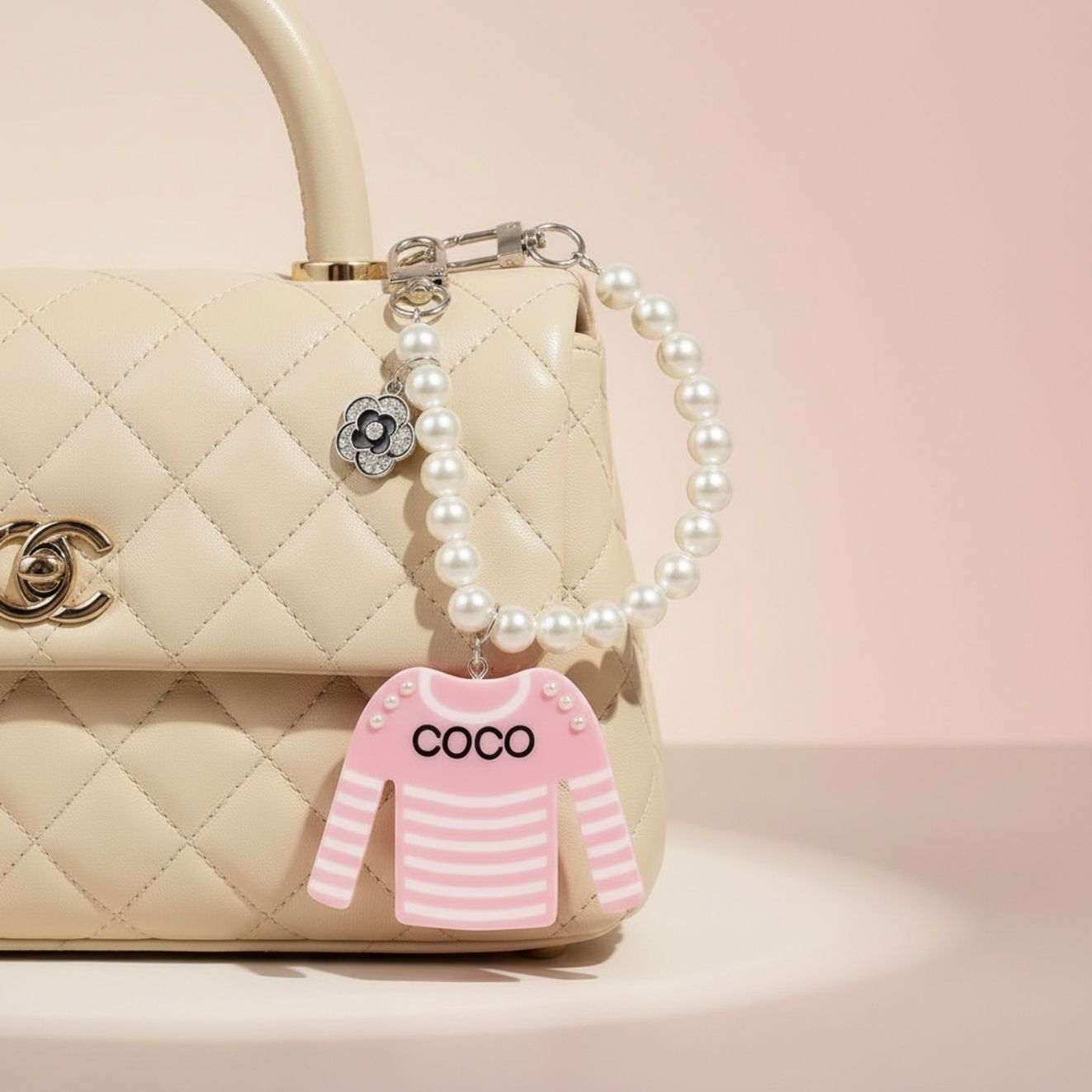Fashion Keychain with Pink White Stripe COCO Shirt and Pearl Clip Accessory