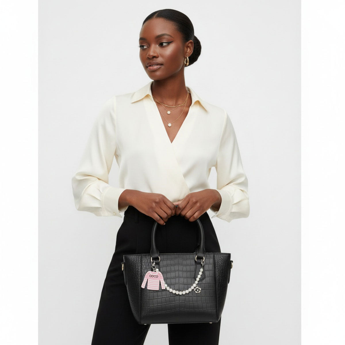 Fashion Keychain with Pink White Stripe COCO Shirt and Pearl Clip Accessory