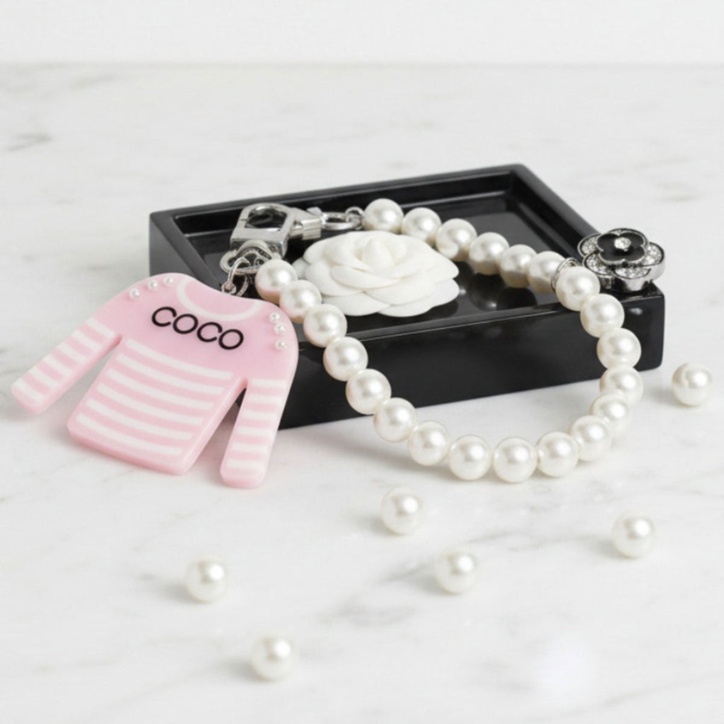 Fashion Keychain with Pink White Stripe COCO Shirt and Pearl Clip Accessory