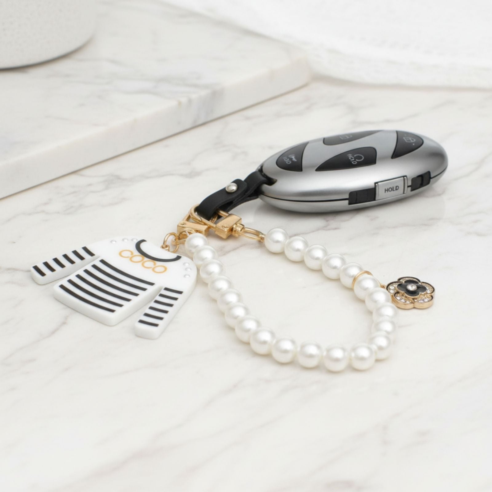 Fashion Keychain with White Black Stripe COCO Shirt and Pearl Clip Accessory