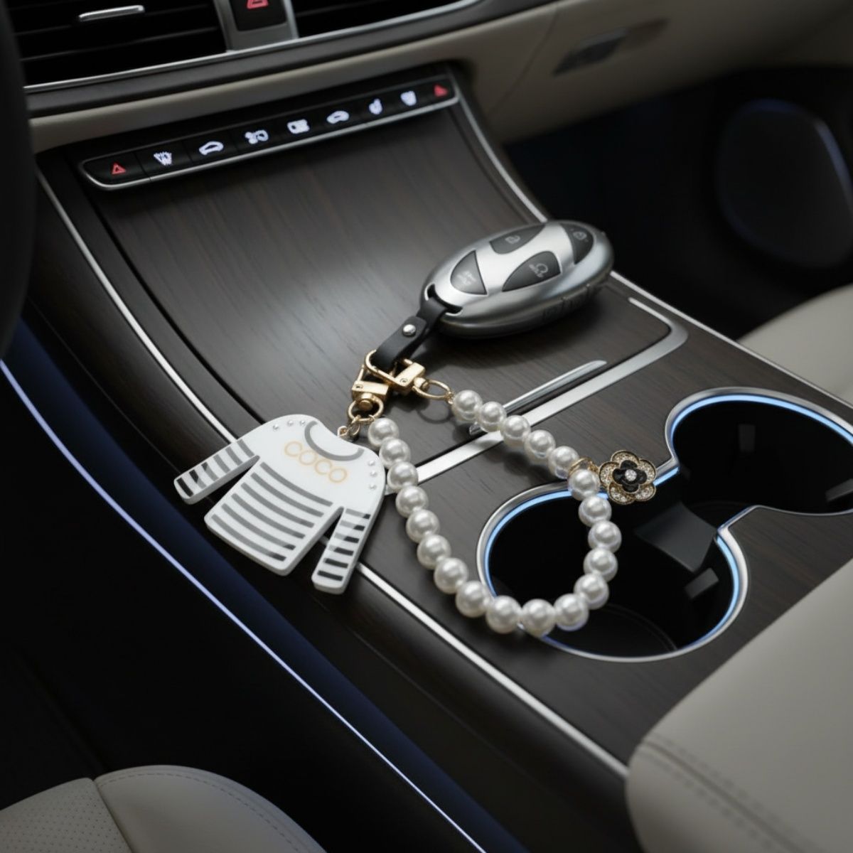 Fashion Keychain with White Black Stripe COCO Shirt and Pearl Clip Accessory