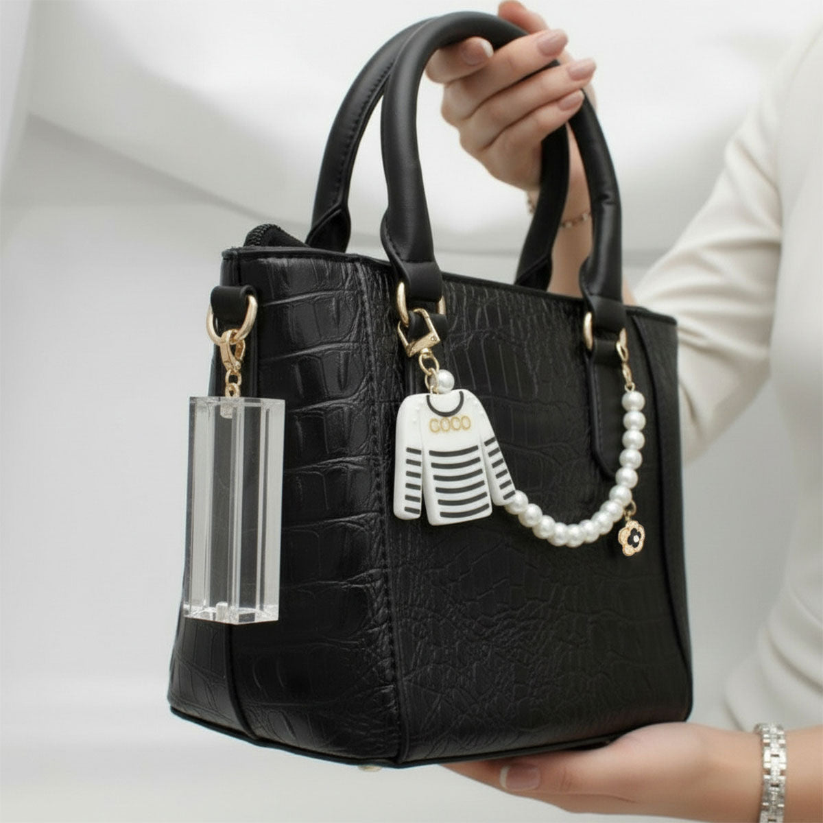 Fashion Keychain with White Black Stripe COCO Shirt and Pearl Clip Accessory