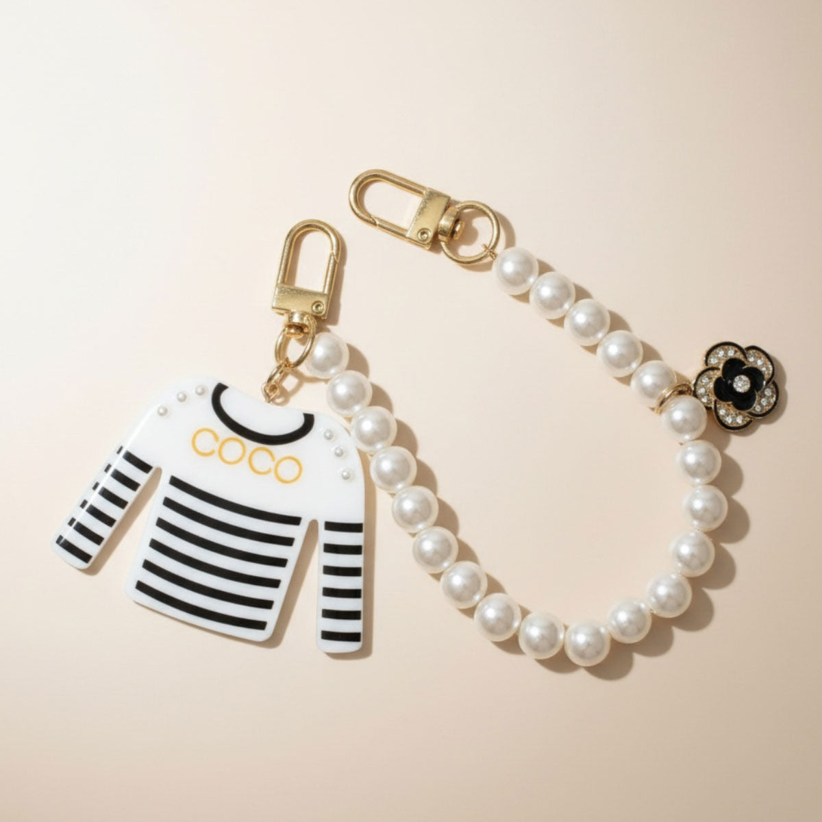 Fashion Keychain with White Black Stripe COCO Shirt and Pearl Clip Accessory