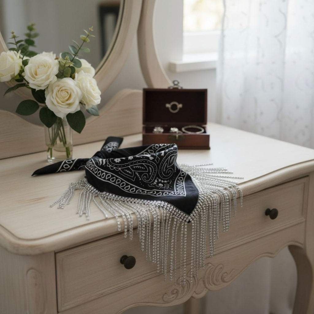 Statement Necklace Black Bandana Bling Fringe Stylish Accessory