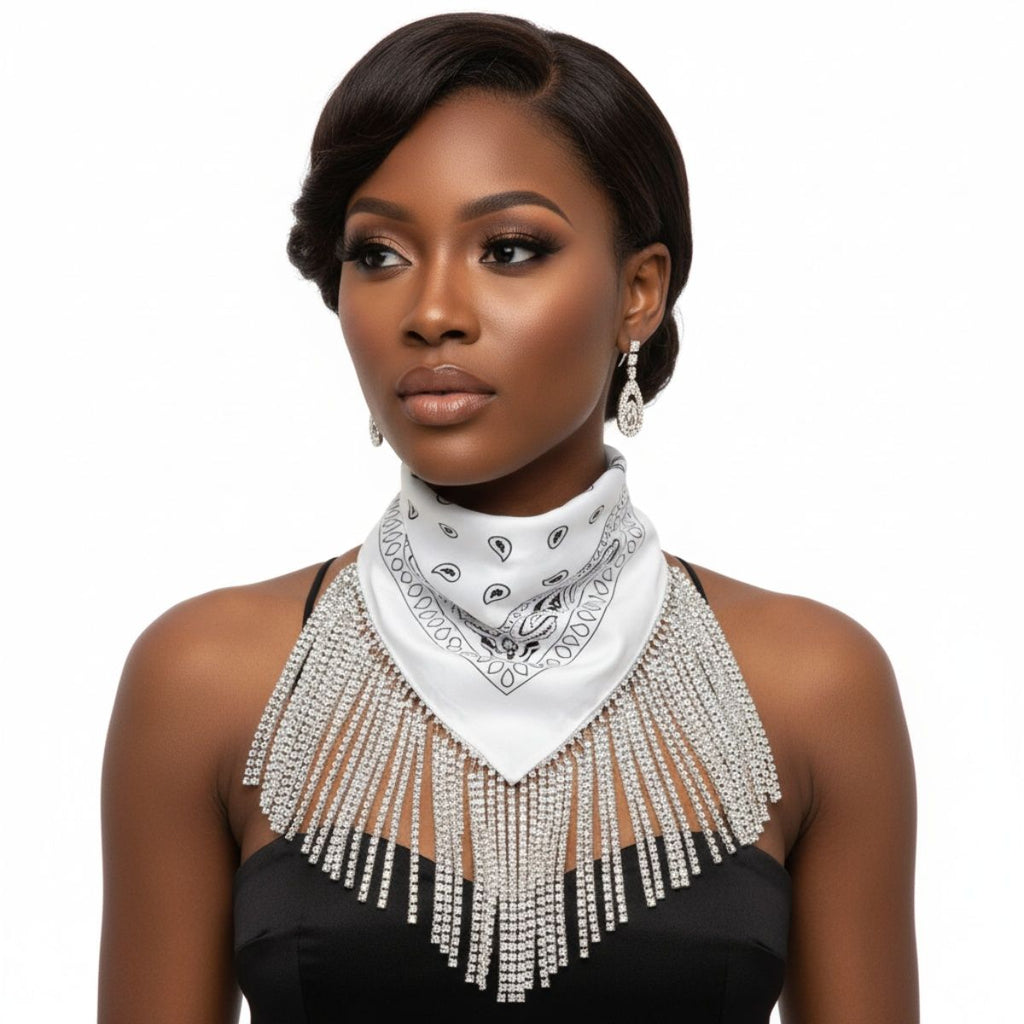 Statement Necklace with White Bandana Bling Fringe Stylish Accessory