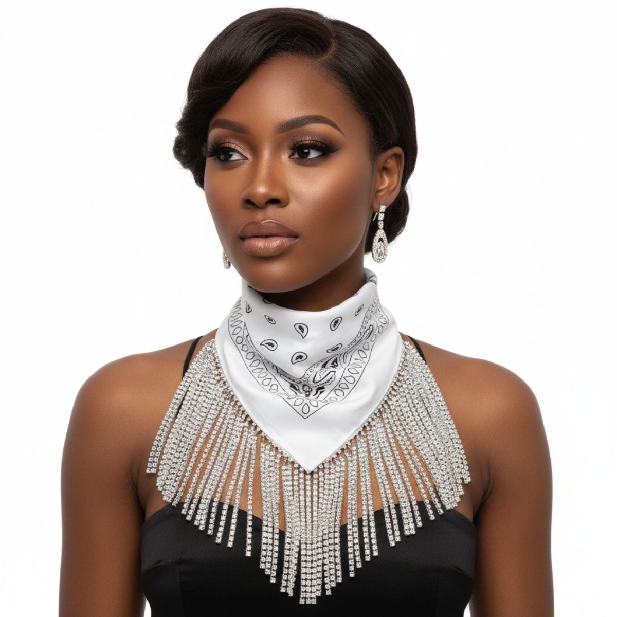 Statement Necklace with White Bandana Bling Fringe Stylish Accessory