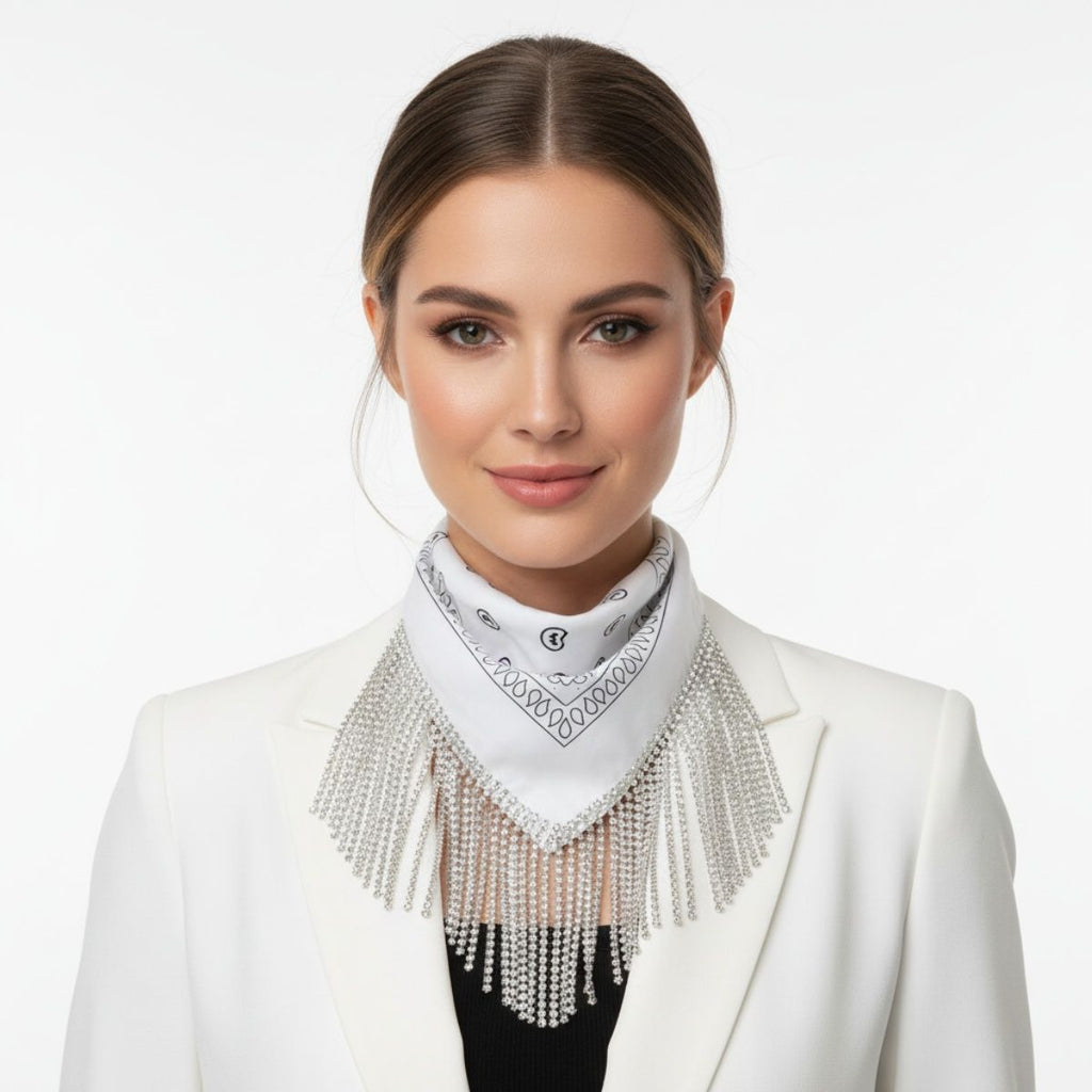 Statement Necklace with White Bandana Bling Fringe Stylish Accessory