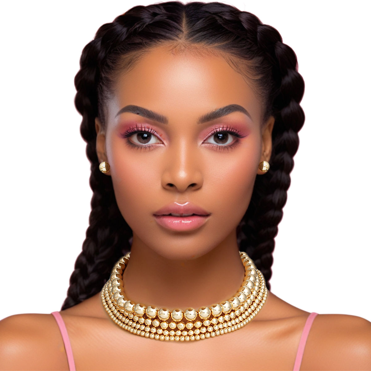 Layered 4 Row Gold Ball Bead Choker Necklace – Trendy Stylish Statement Jewelry