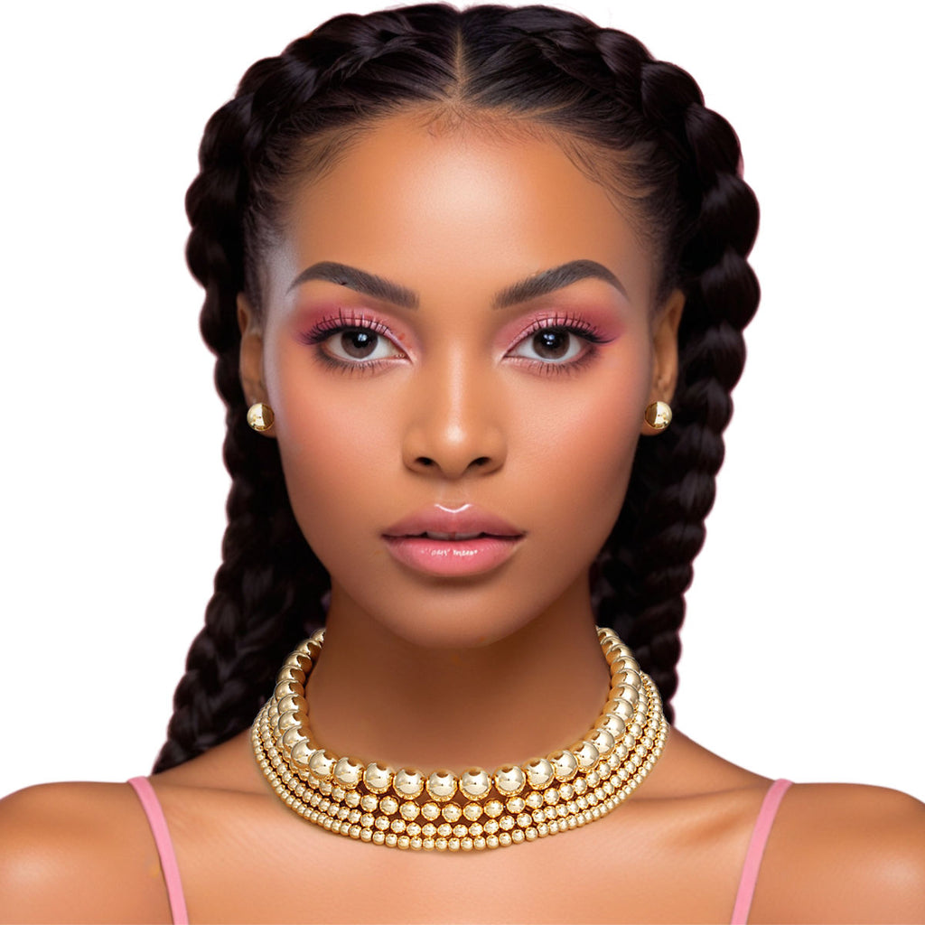 Layered 4 Row Gold Ball Bead Choker Necklace – Trendy Stylish Statement Jewelry
