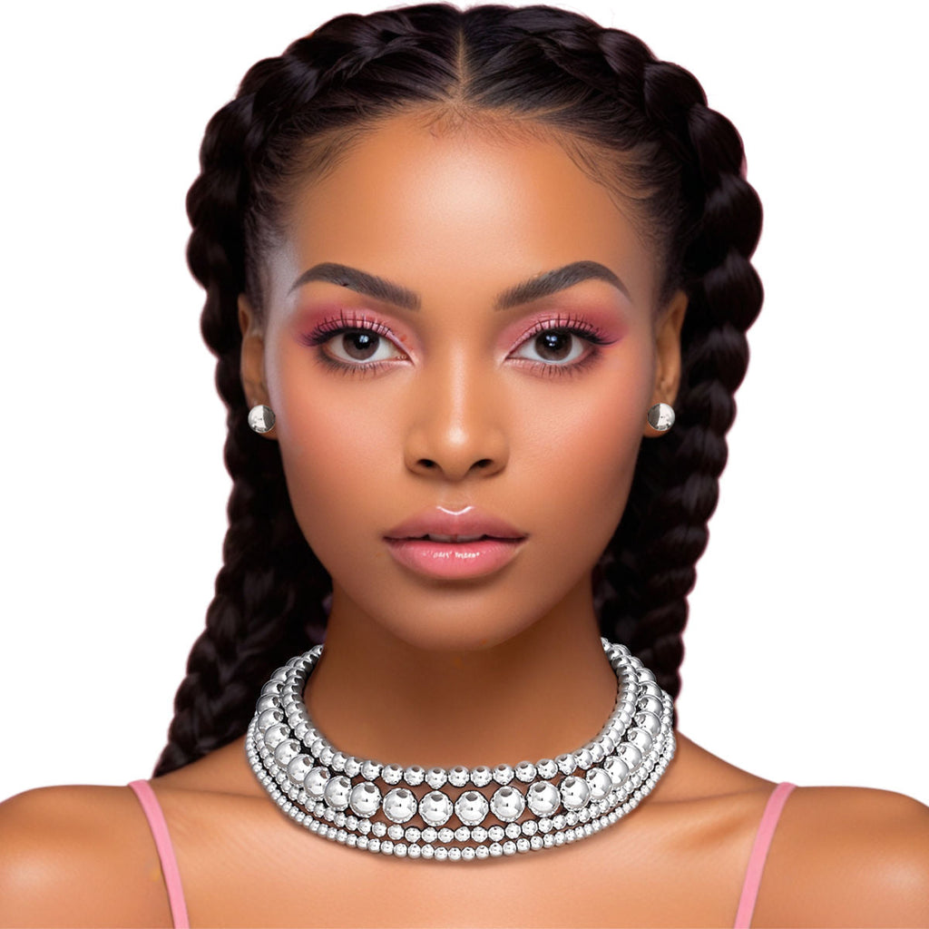 Layered 4 Row Silver Ball Bead Choker Necklace – Trendy Statement Jewelry