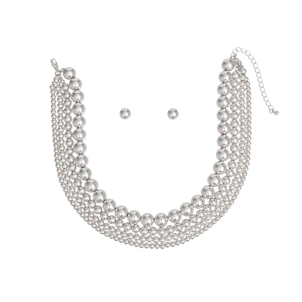 Layered 4 Row Silver Ball Bead Choker Necklace – Trendy Statement Jewelry