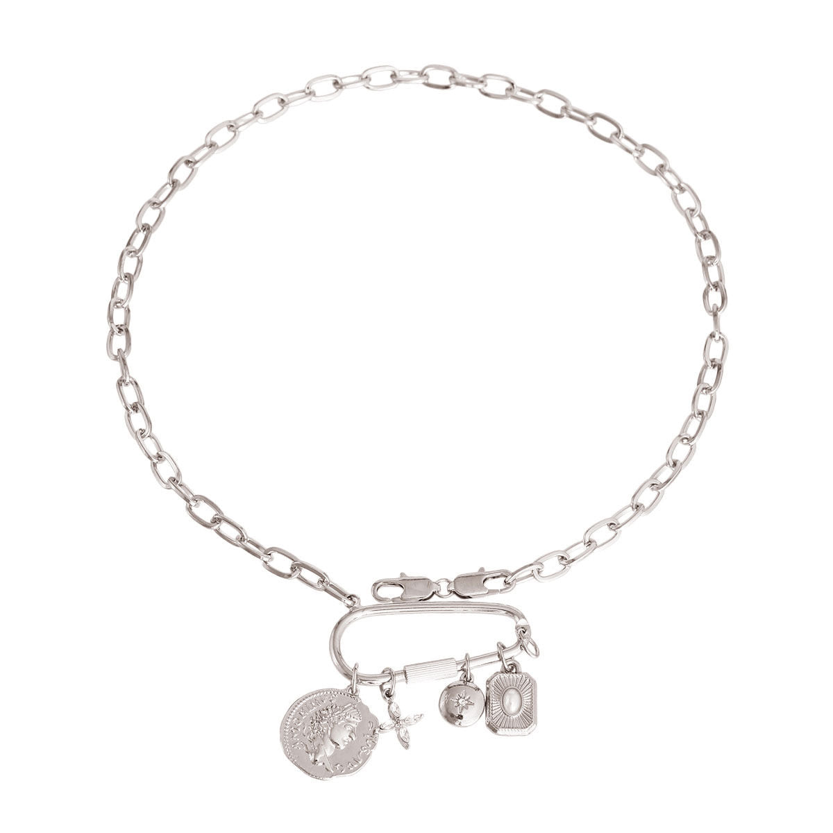 Carabiner Chain with Silver Coin Pendant Stylish Jewelry Accessory