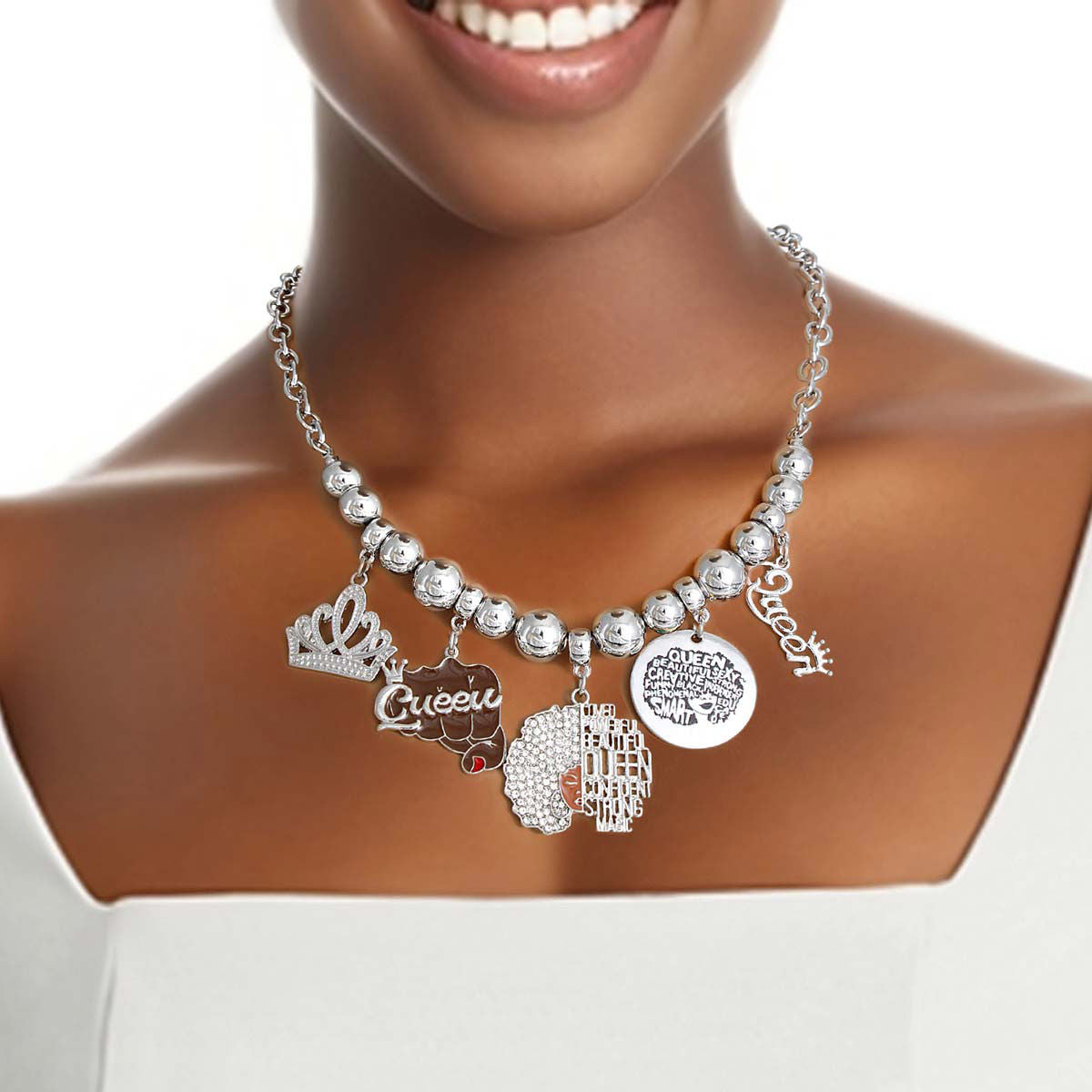 Charm Chain Silver Queen Afro Statement Necklace Trendy Jewelry