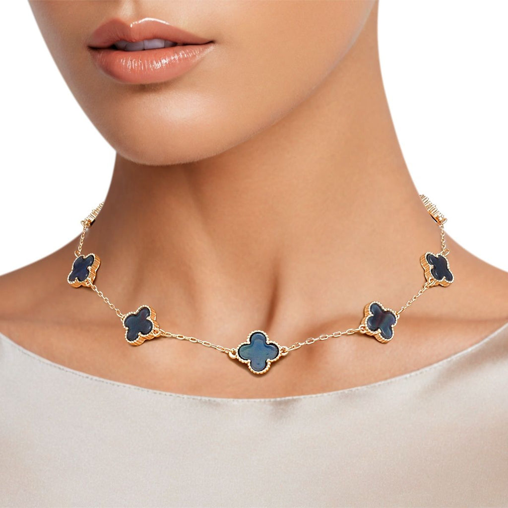 Statement Necklace Gold Gray Quatrefoil Clover 7 Motifs Stylish Jewelry Accessory
