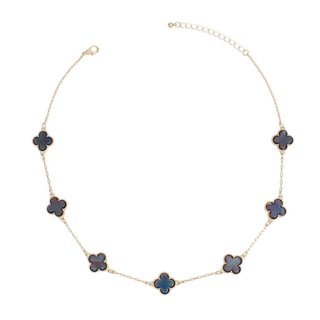 Statement Necklace Gold Gray Quatrefoil Clover 7 Motifs Stylish Jewelry Accessory