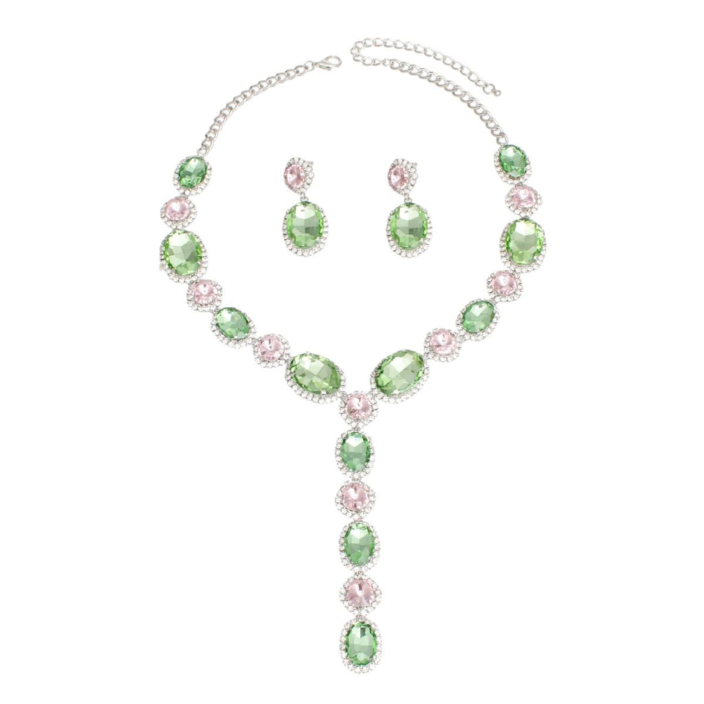 Statement Y Necklace Pink Green Crystal AKA Sorority Formal Jewelry