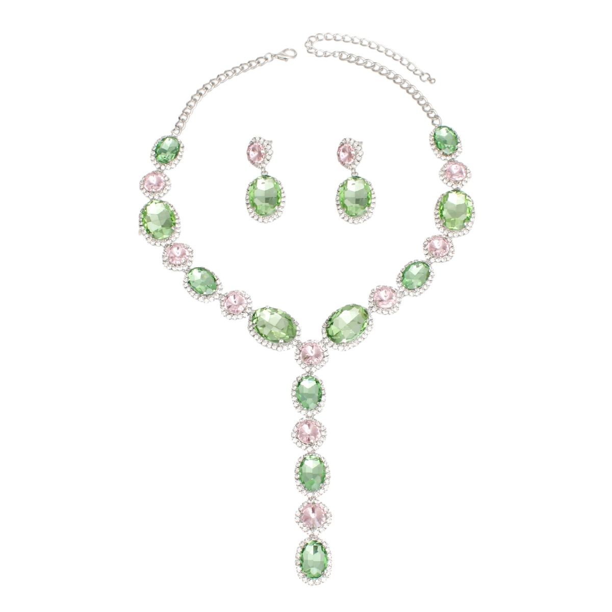 Statement Y Necklace Pink Green Crystal AKA Sorority Formal Jewelry