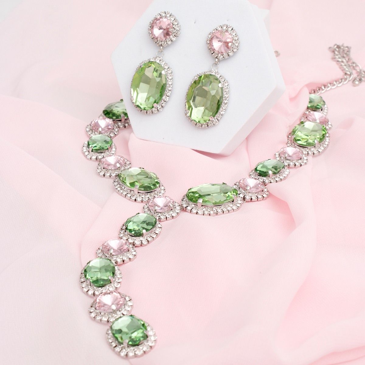Statement Y Necklace Pink Green Crystal AKA Sorority Formal Jewelry