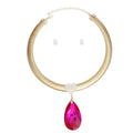 Pendant Necklace Omega Chain Pave Heart Fuchsia Teardrop Stylish Chic
