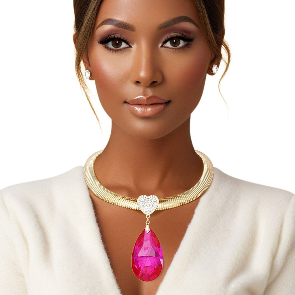 Pendant Necklace Omega Chain Pave Heart Fuchsia Teardrop Stylish Chic