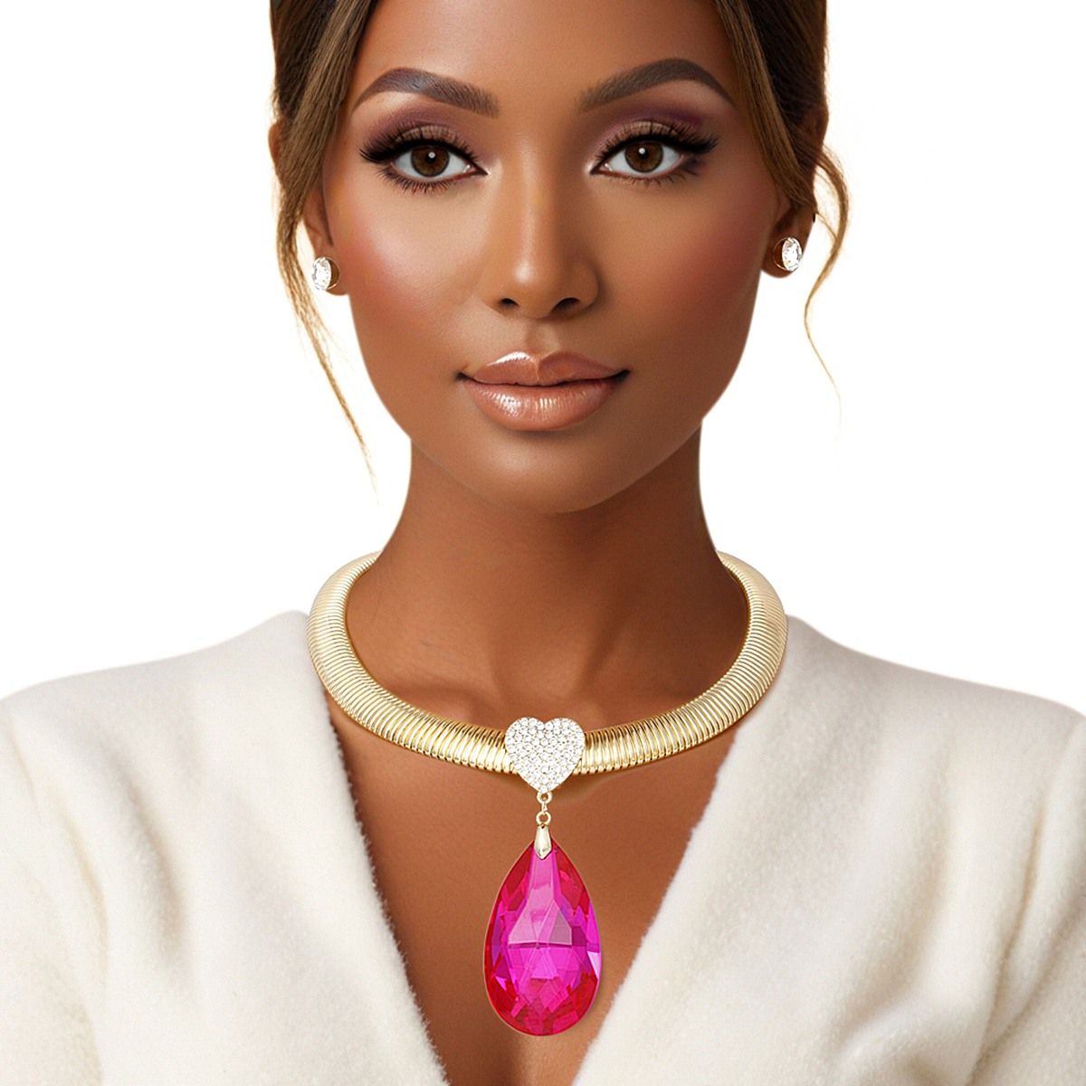 Pendant Necklace Omega Chain Pave Heart Fuchsia Teardrop Stylish Chic
