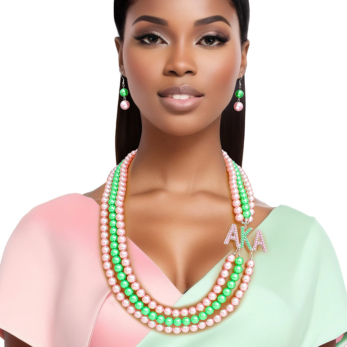 Statement Brooch Necklace, AKA Sorority Pink and Green, Long 3 Row Layered Design, Stylish Accessory
