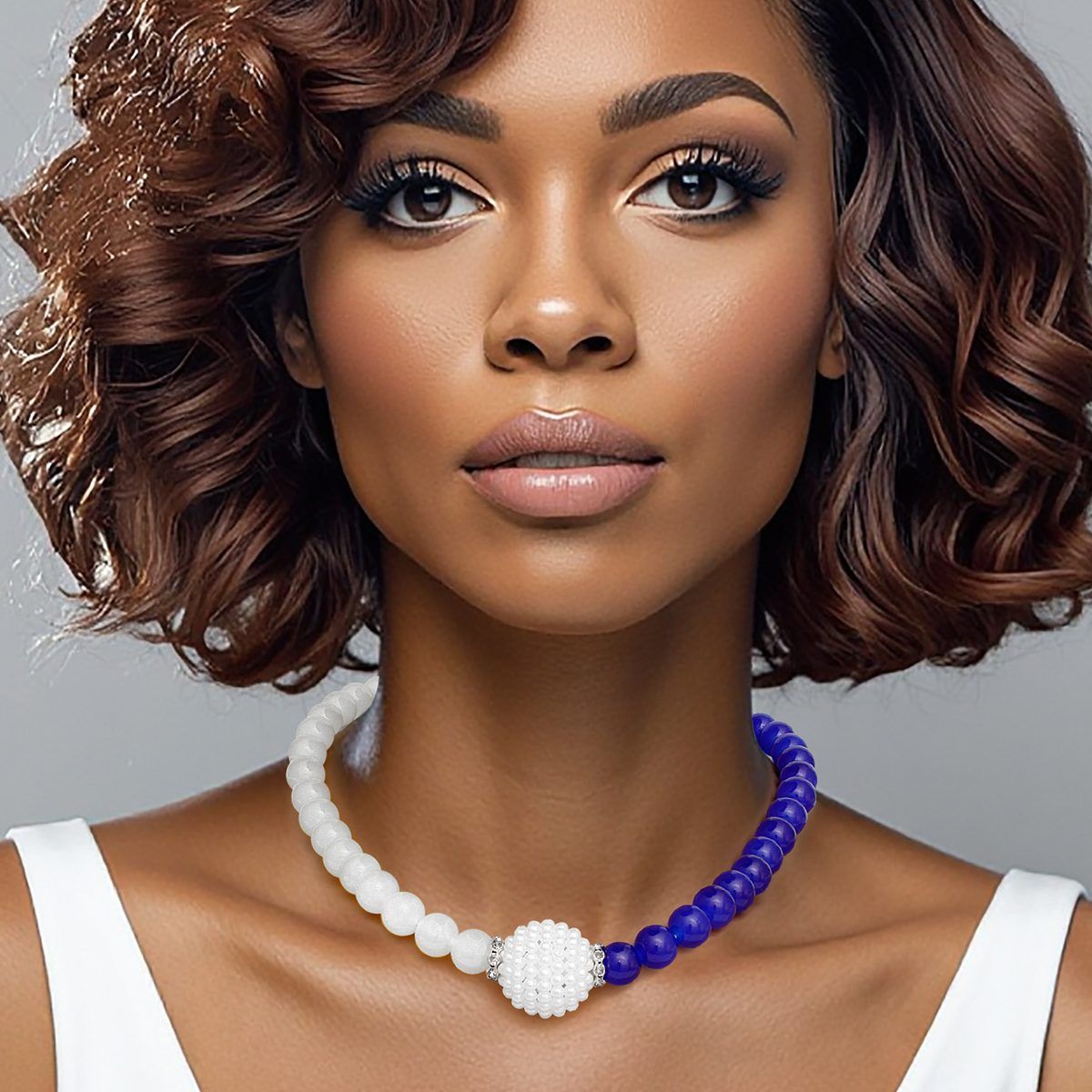 Pearl Glass Bead Necklace Blue White Sorority Stylish Statement Jewelry
