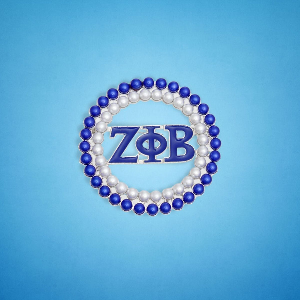 Fashion Brooch Pin Blue White Pearl Round Sorority Stylish Accessory