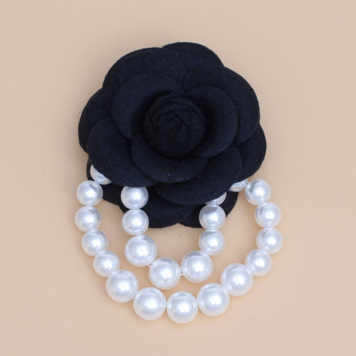 Statement Brooch Black Flower Pin with Draped White Pearls Stylish Accessory