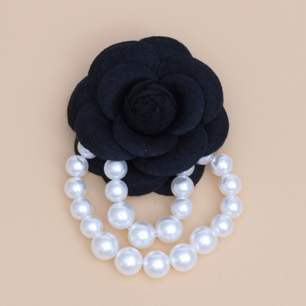 Statement Brooch Black Flower Pin with Draped White Pearls Stylish Accessory