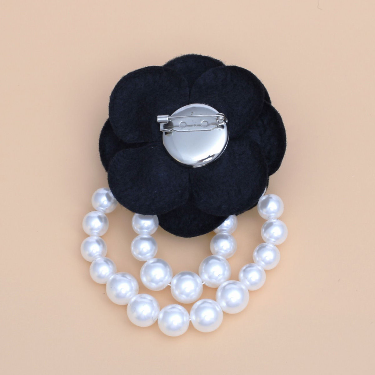 Statement Brooch Black Flower Pin with Draped White Pearls Stylish Accessory