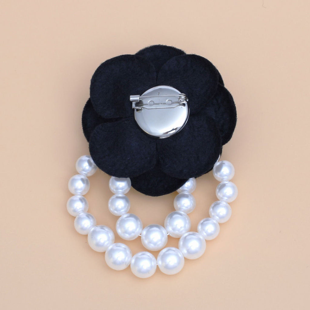 Statement Brooch Black Flower Pin with Draped White Pearls Stylish Accessory