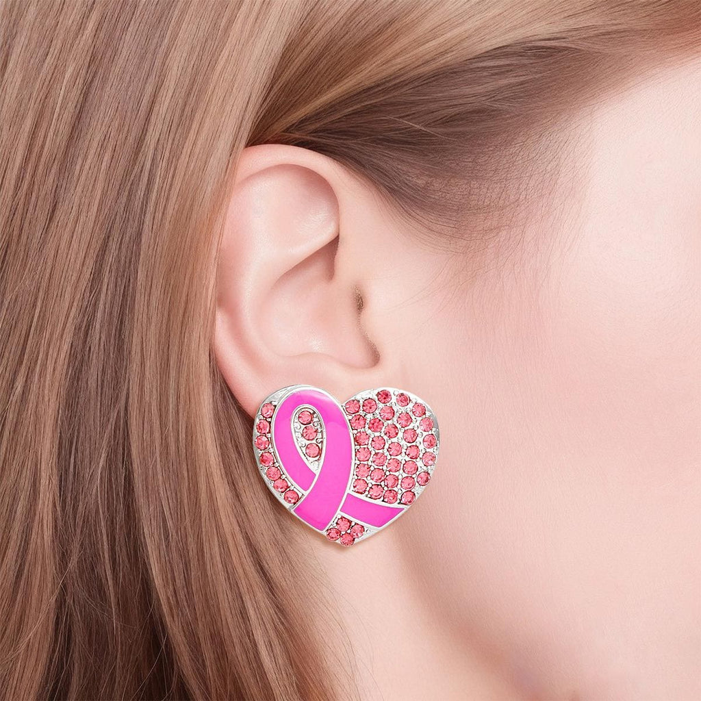 Silver Heart Pink Cancer Ribbon Stud Earrings Stylish Fashion Jewelry