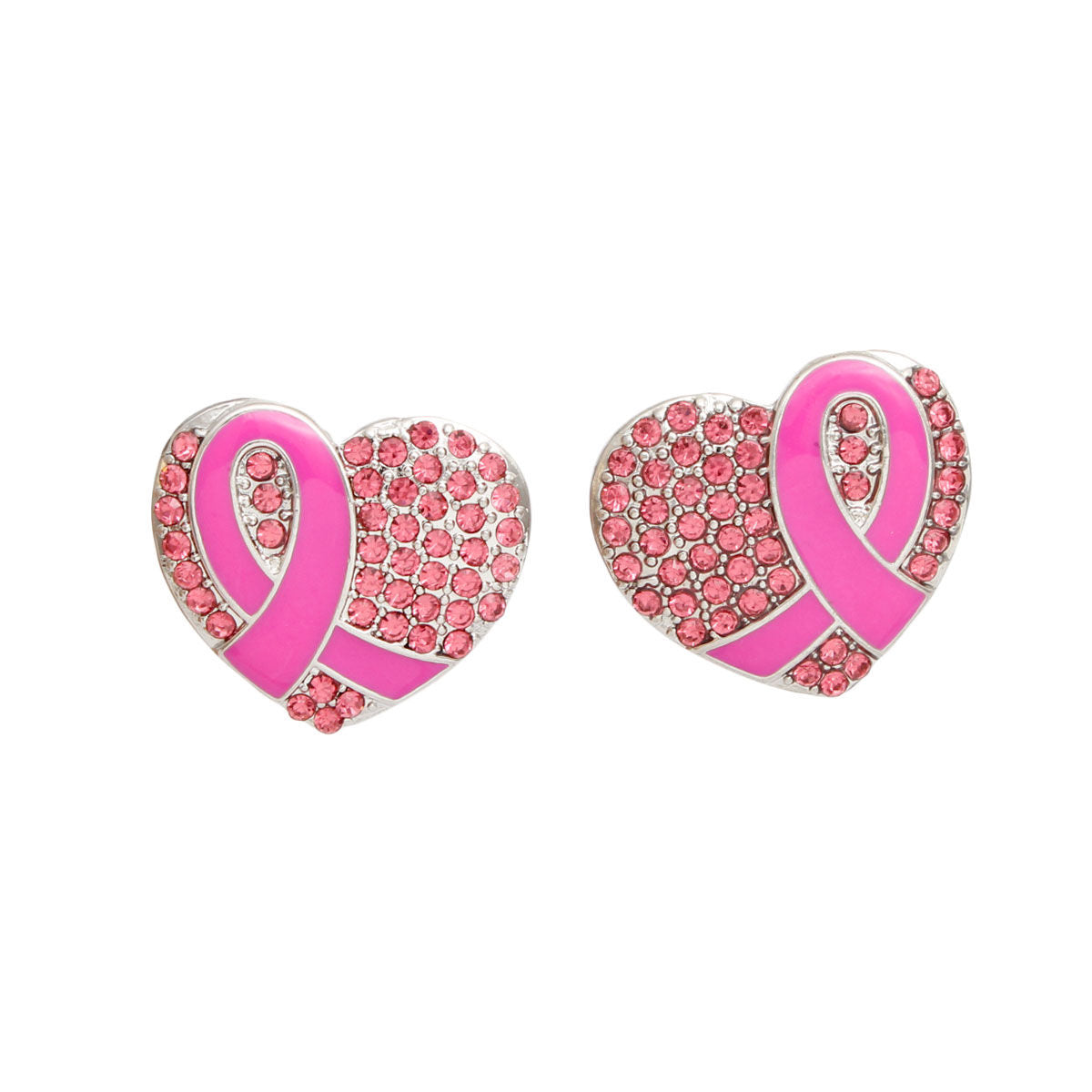 Silver Heart Pink Cancer Ribbon Stud Earrings Stylish Fashion Jewelry