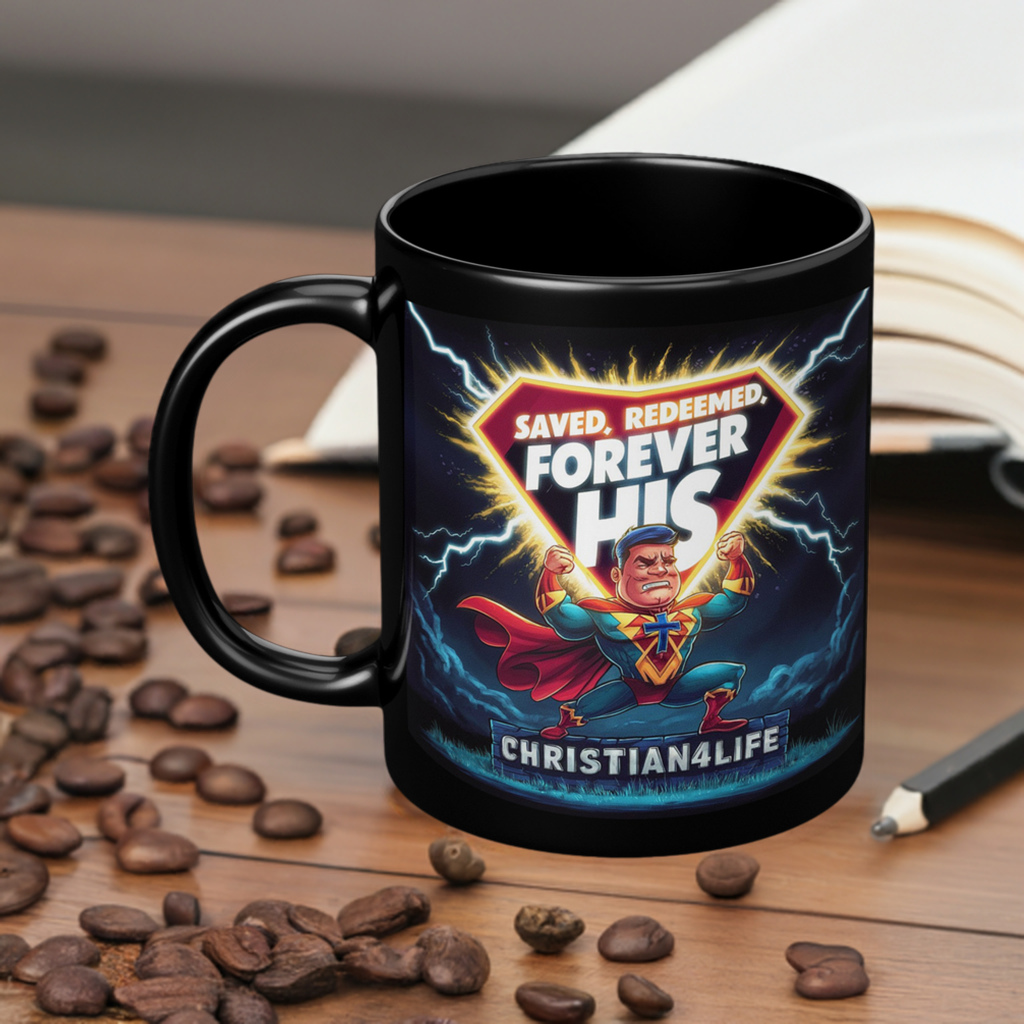 Christian 11oz Black Mug - Superhero "Saved, Forgiven, Forever His", Christian Mug for Men