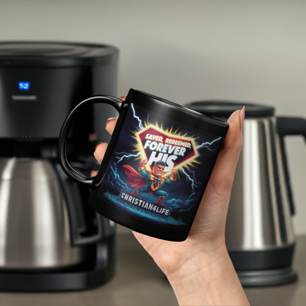 Christian 11oz Black Mug - Superhero "Saved, Forgiven, Forever His", Christian Mug for Men