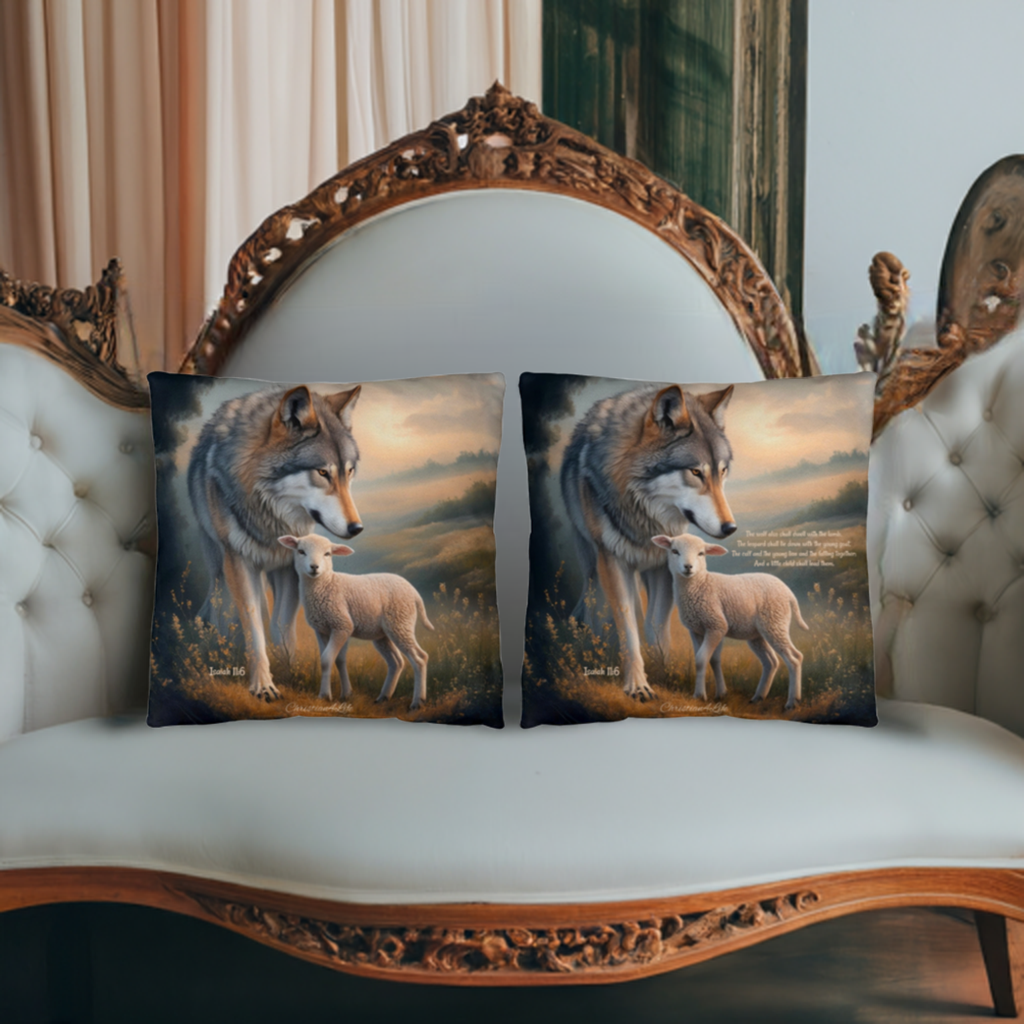 Wolf and Sheep Bible Verse Spun Polyester Square Pillowcase (multiple sizes)