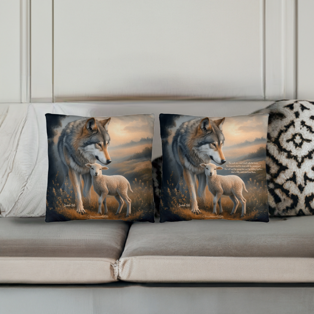 Wolf and Lamb Bible Verse Spun Polyester Square Indoor/Outdoor Pillow